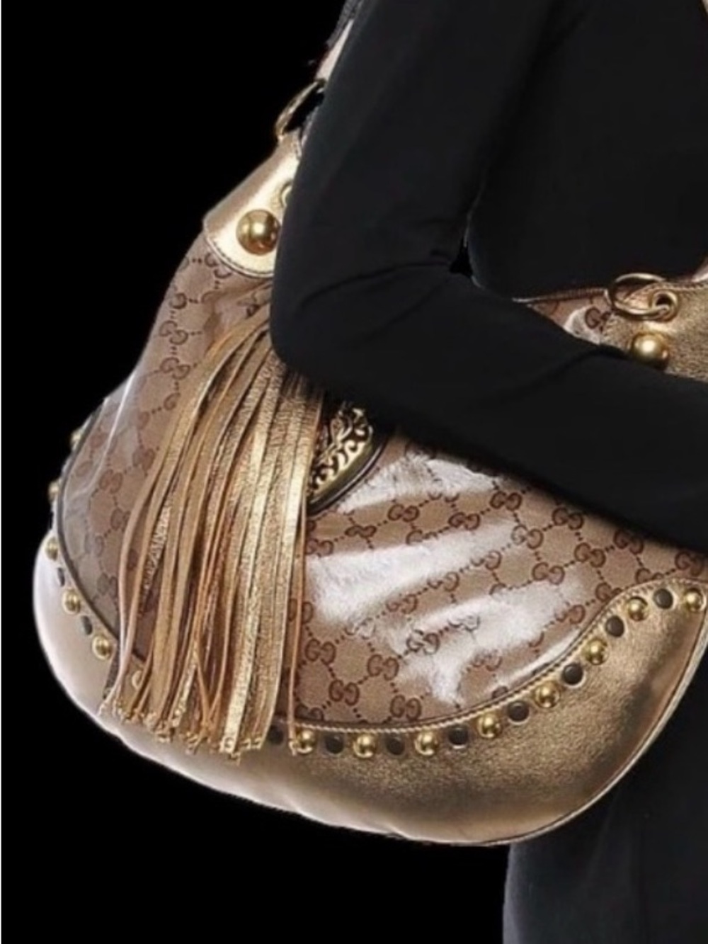 Gucci Metallic Gold GG Canvas Hobo with Tassel and Studs